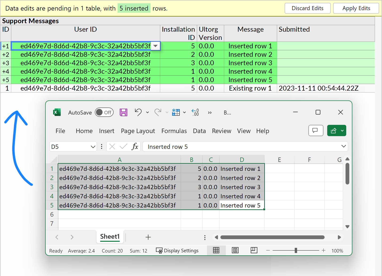 Illustration of bulk copy-of-paste from Excel to Ultorg, creating new rows pending insertion.