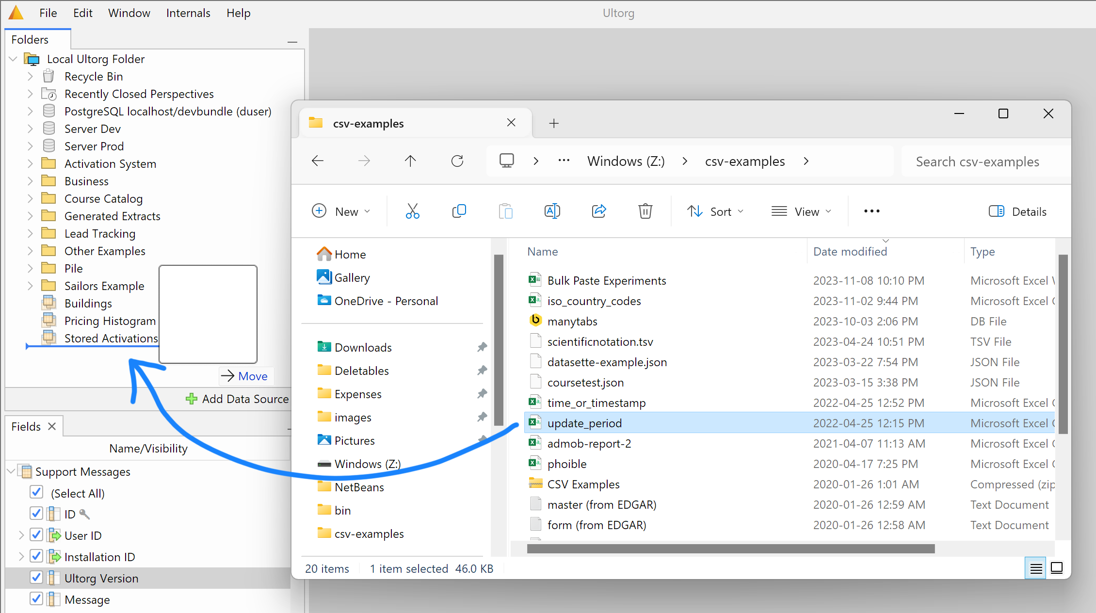 Illustration of drag-and-drop of a CSV file from Windows Explorer to Ultorg's Folders sidebar, to add the file as a new data source.