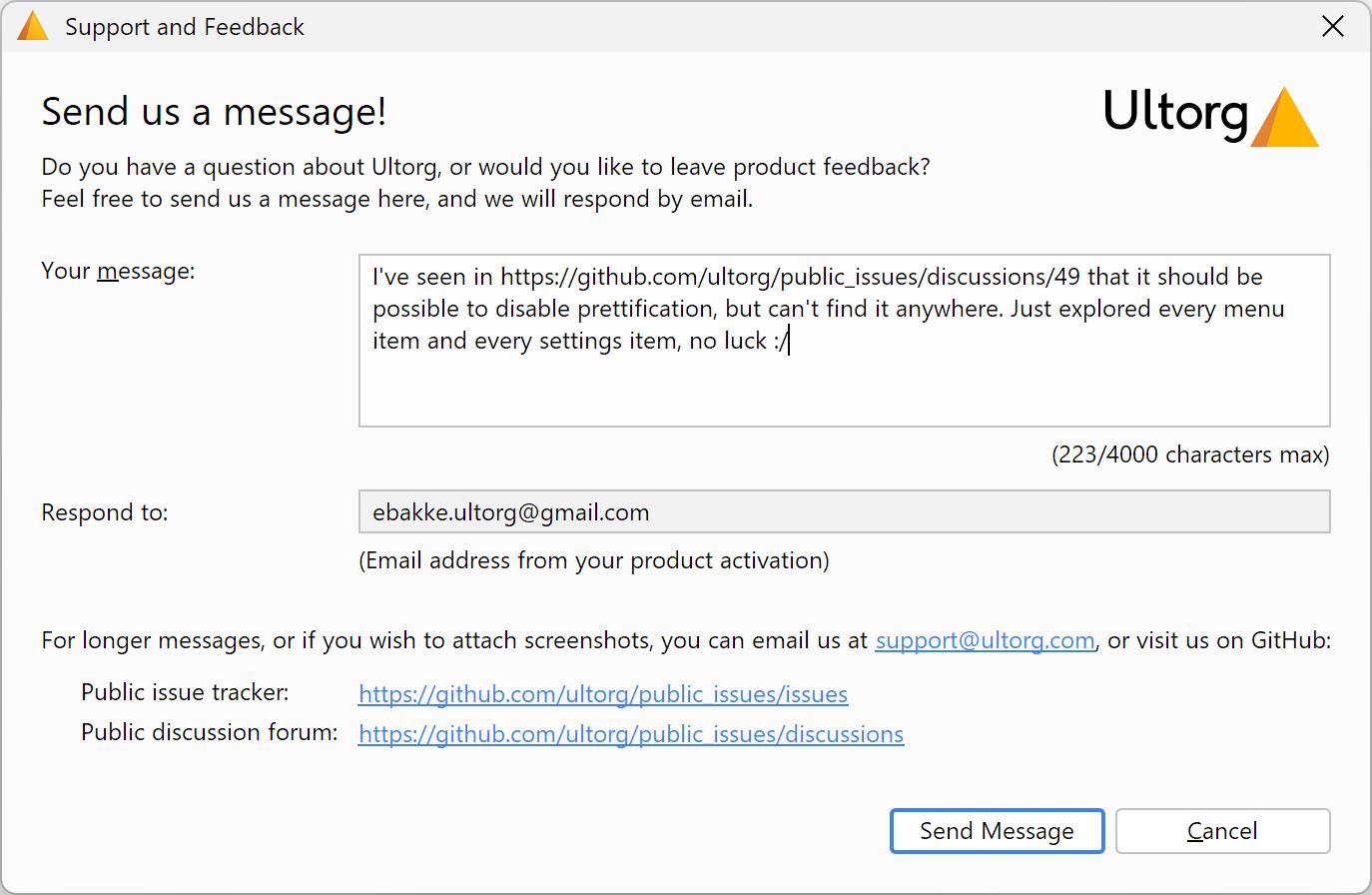 The Support and Feedback dialog.