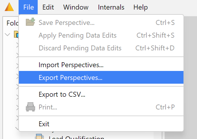 The Import/Export Perspective menu options.