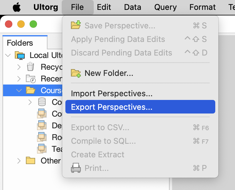 The Export Perspectives action in the File menu.