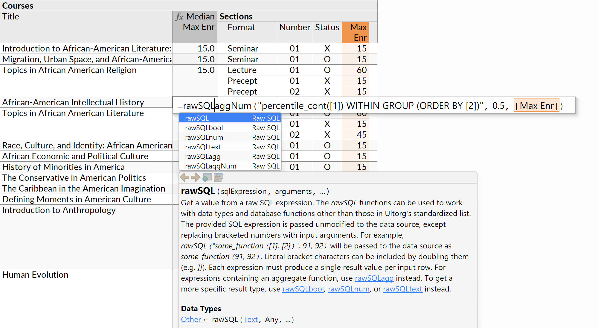 The rawSQL formula functions, with an example query and open online documentation.