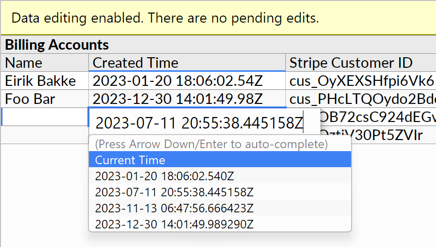 'Current Time' option shown when editing a timestamp value.