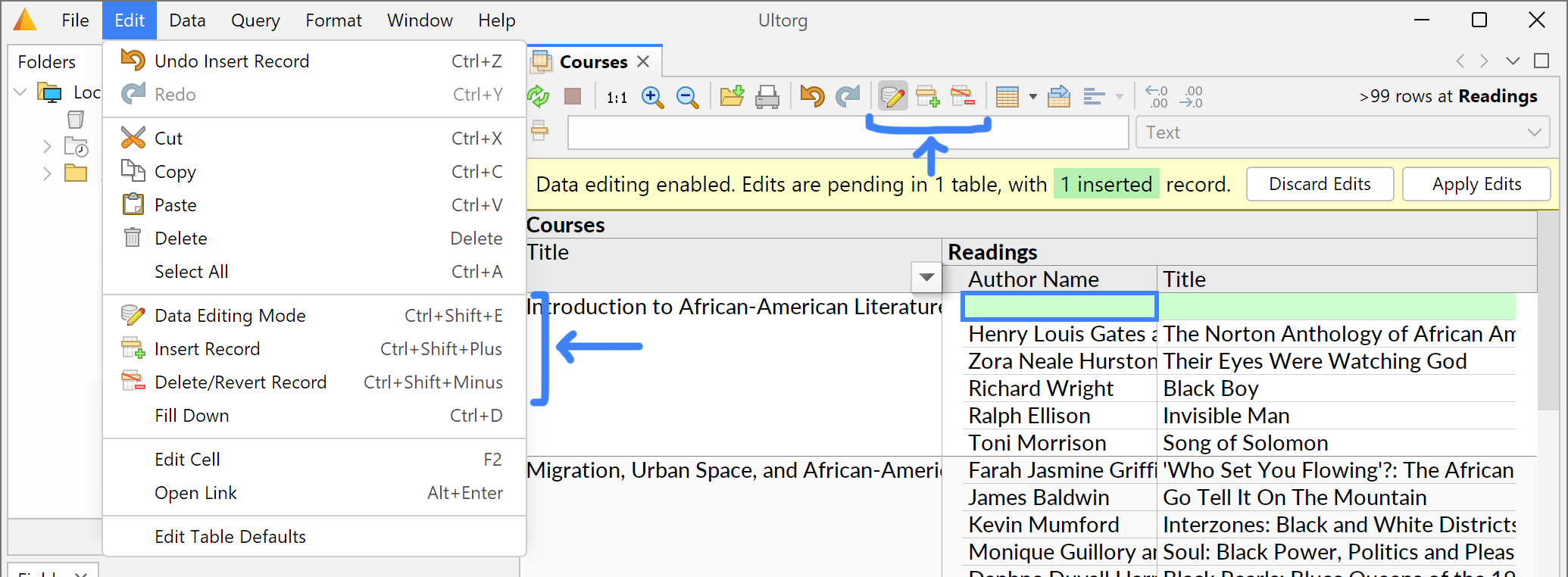 Data editing actions in the Edit menu and in the toolbar.