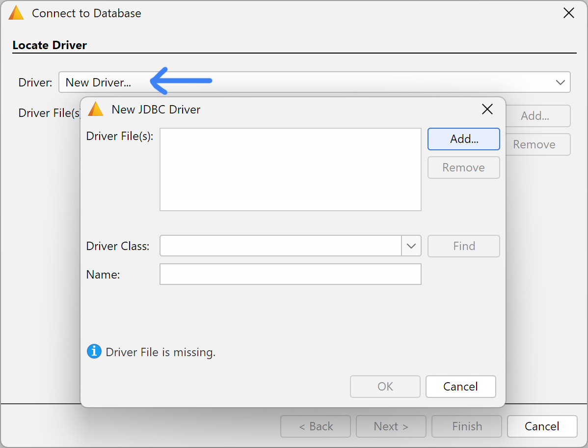 The New JDBC Driver option in the Connect to Database dialog.