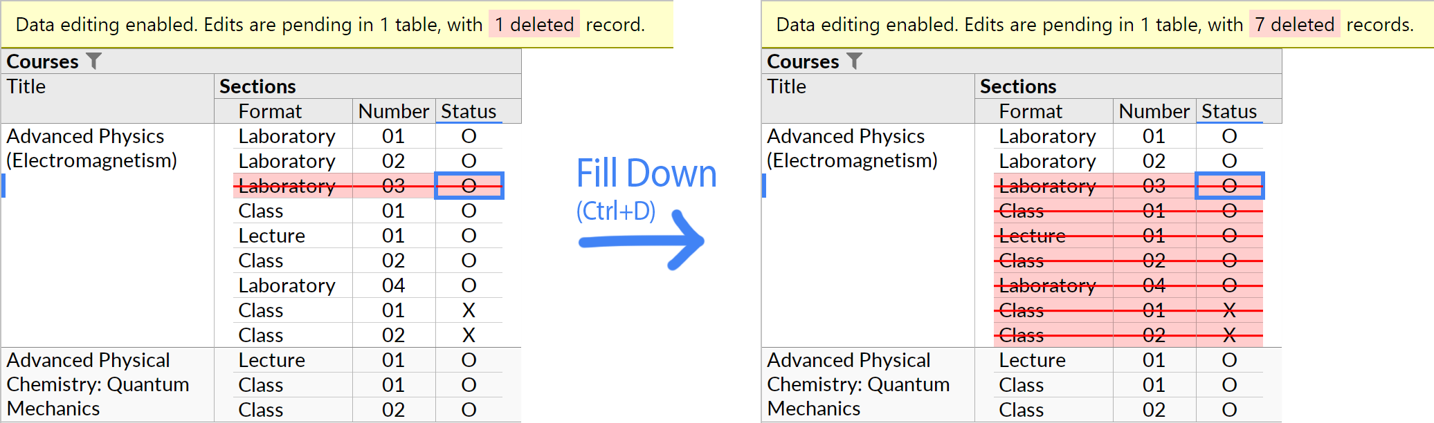 The Fill Down action, when invoked while the cursor is in a record that has been marked for deletion.