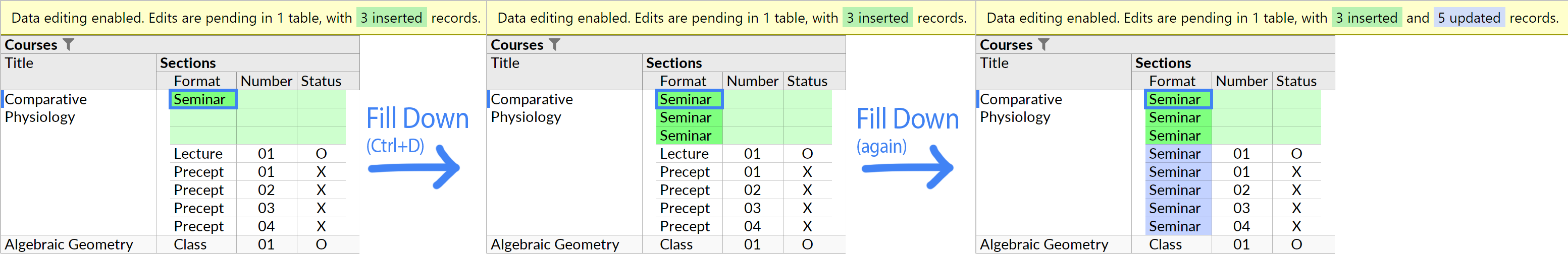 The Fill Down action, when invoked on a cell in an inserted record.