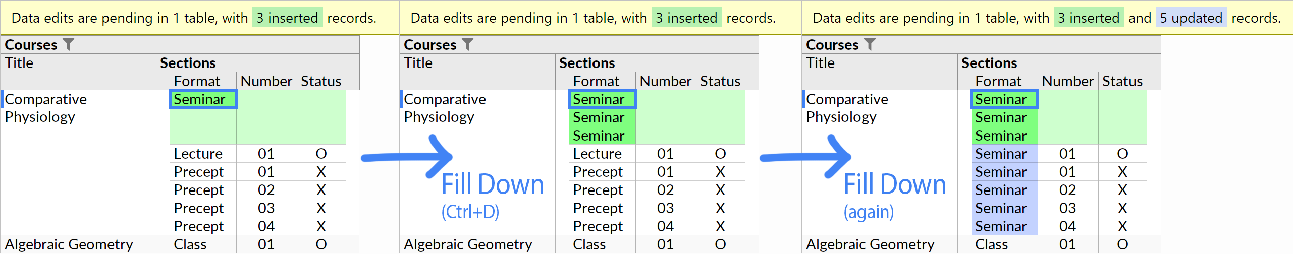 The Fill Down action, when invoked on a cell in an inserted record.