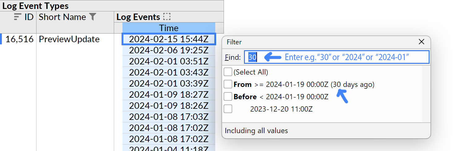 The filter popup opened on a timestamp field, with the number 30 entered into the search field and being interpreted as 30 days before the current date.