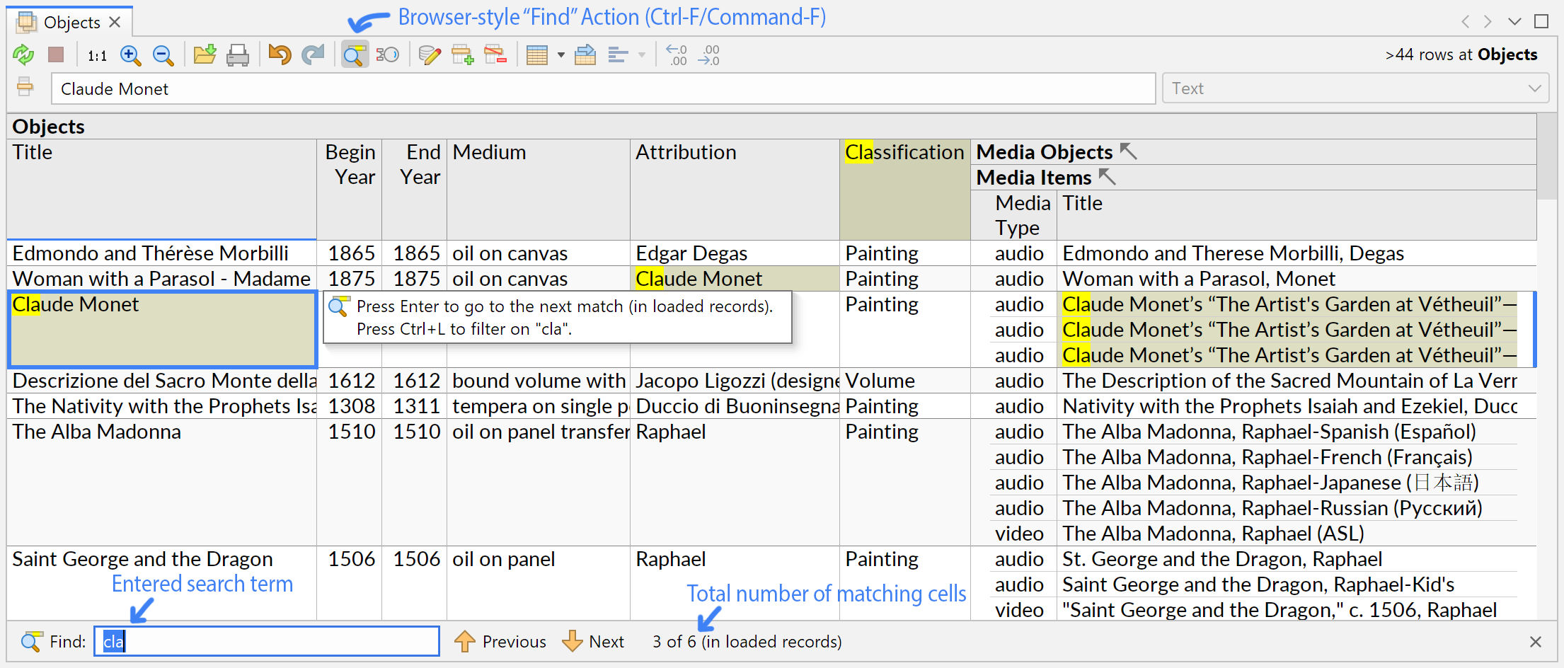 The Find action highlighting six cells with matching text, and showing a tooltip with available keyboard actions.