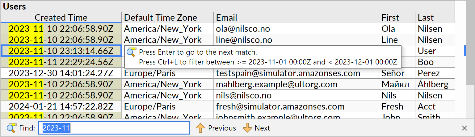 Using the Ctrl+L shortcut from the Find action to set a range filter on a timestamp field.