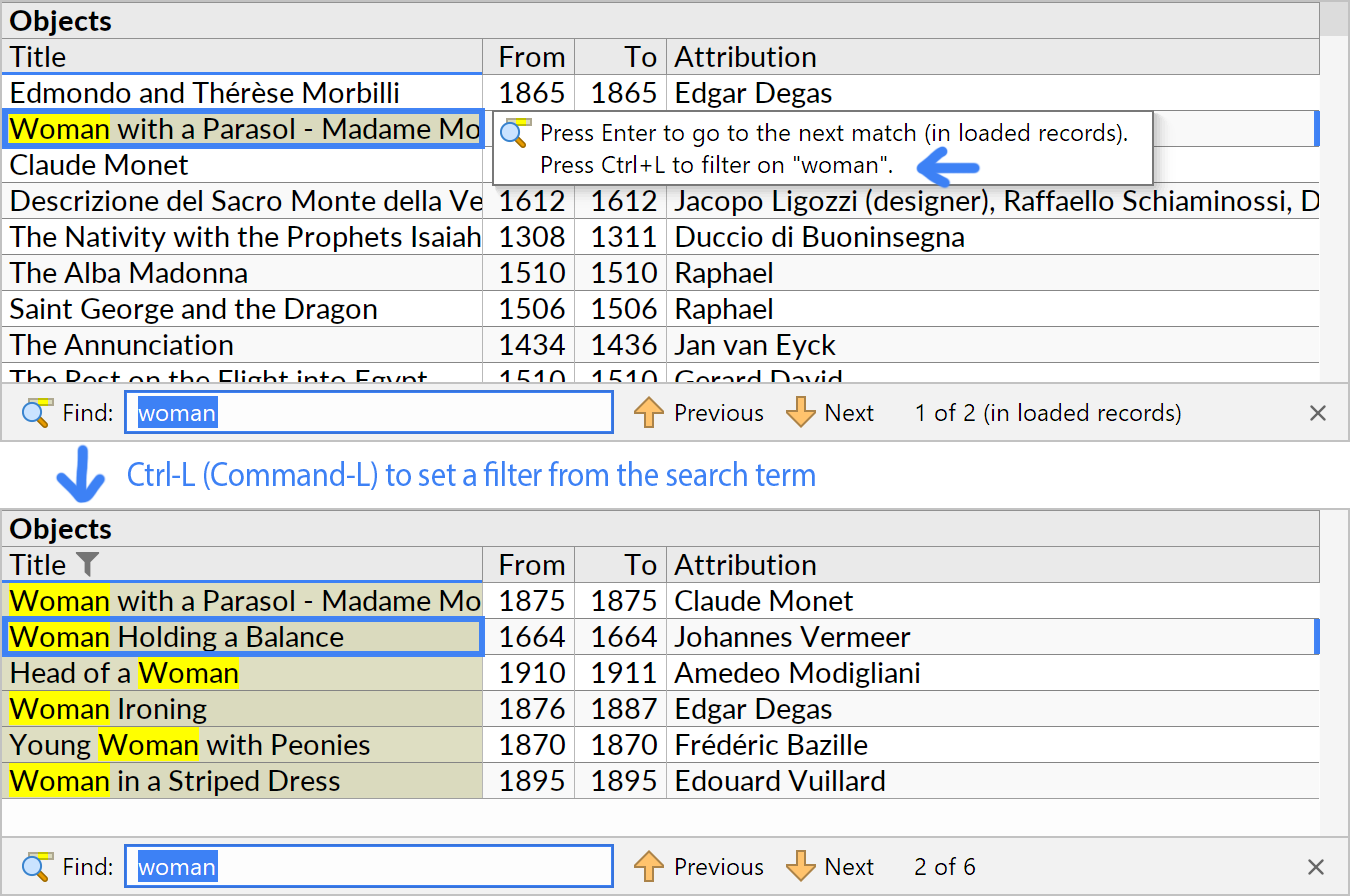 Using the Ctrl+L shortcut from the Find action to set a filter on a text field.