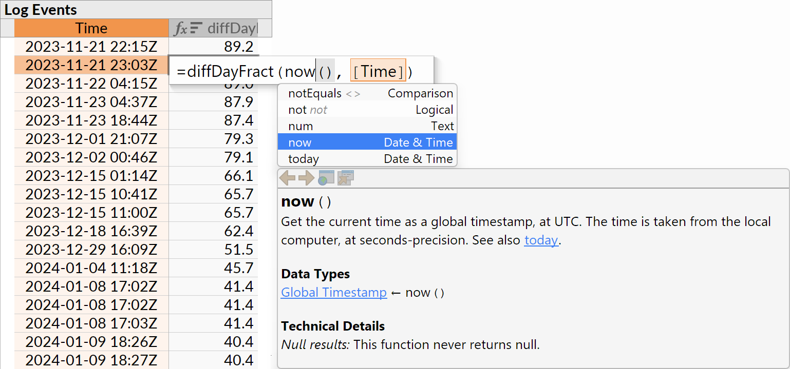 The NOW formula function, with open online documentation.