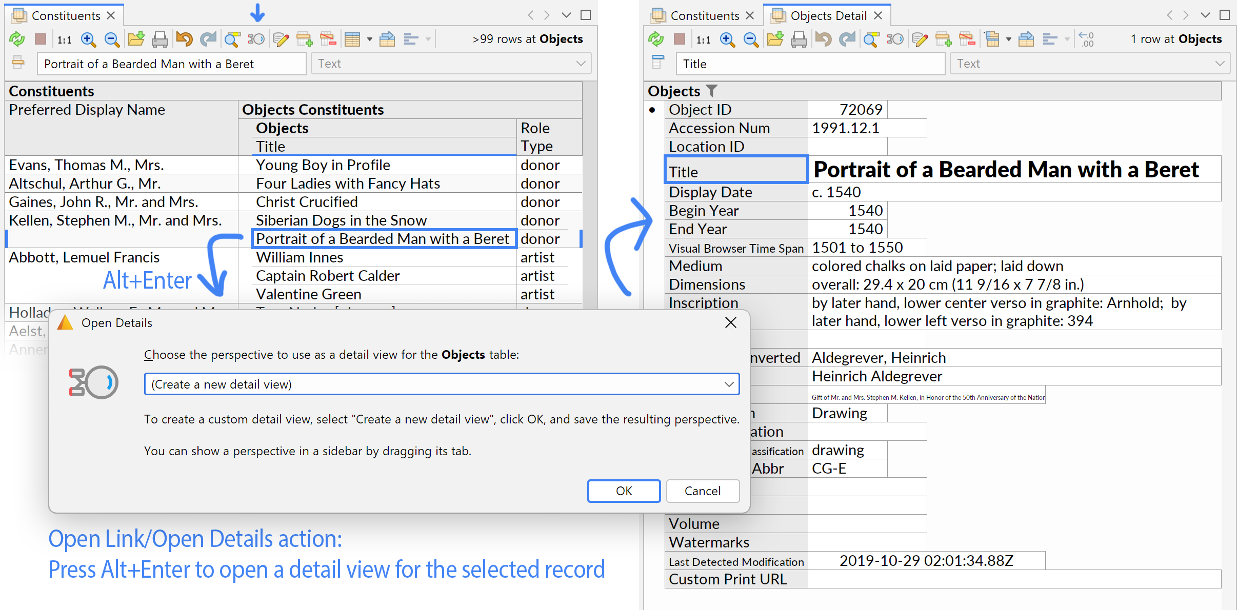 Using the Open Details action to open a detail view corresponding to a selected row in the database.