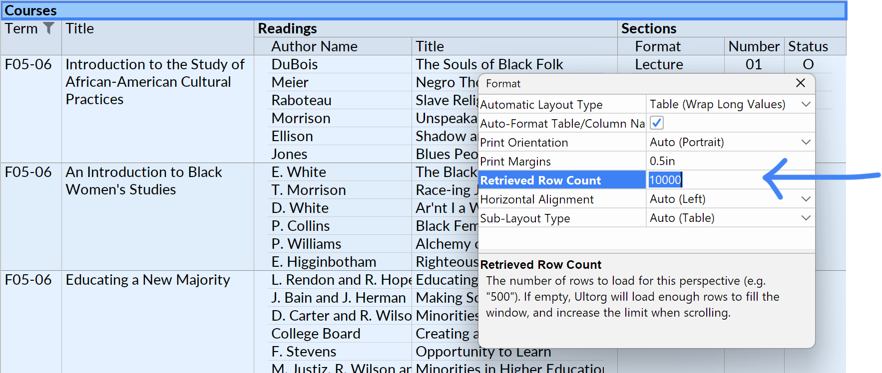 The Retrieved Row Count property being set in the Format popup, invoked on the root grouping level.