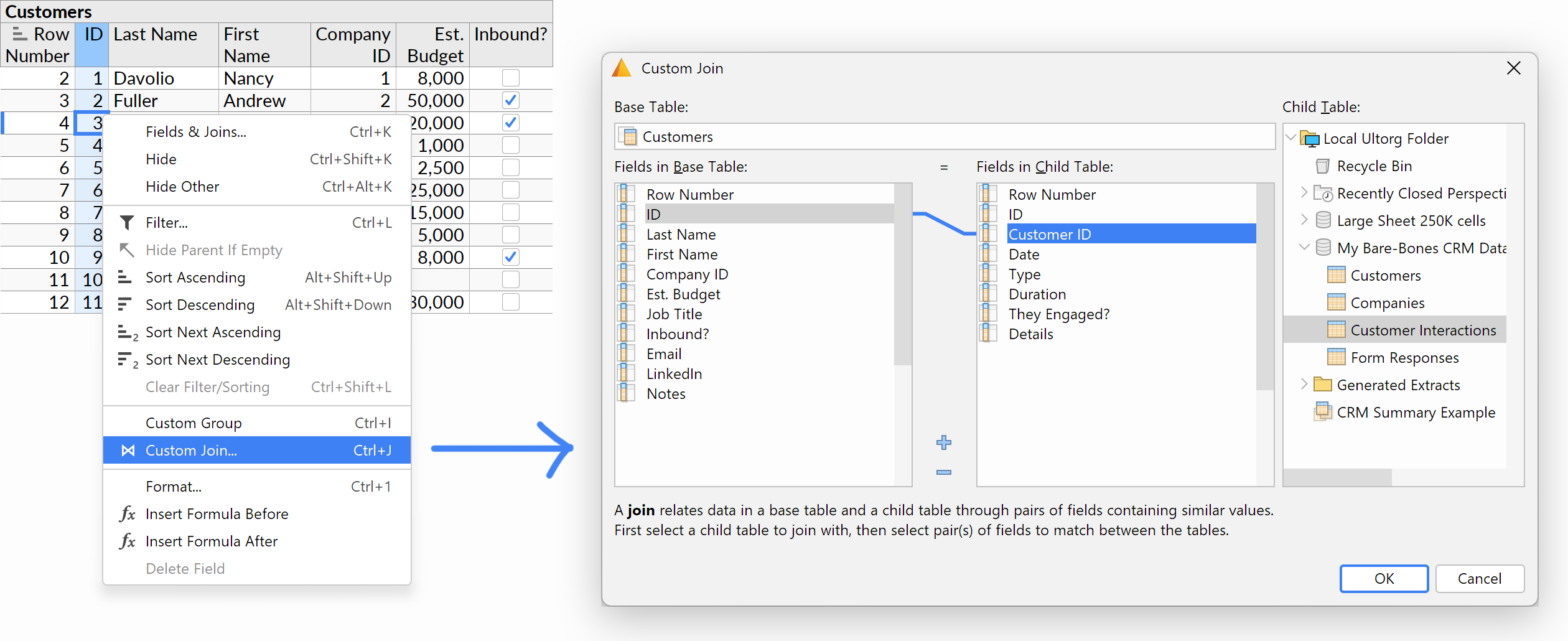 [The Custom Join action invoked on the ID column of the Customers table, to join with Customer ID in the Customer Interactions table.]