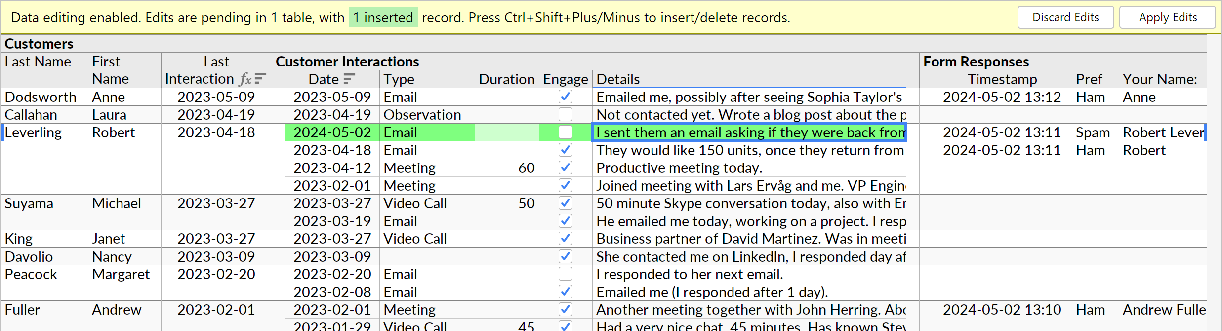 [A nested table layout showing three joined tables, with a record pending insertion in one of them.]