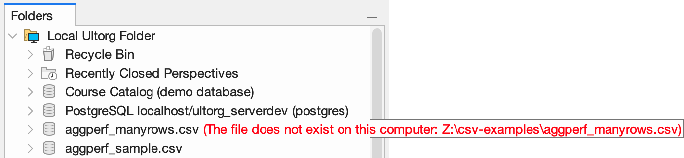 Screenshot of the 'File does not exist' indication on a data source in the Folders sidebar.