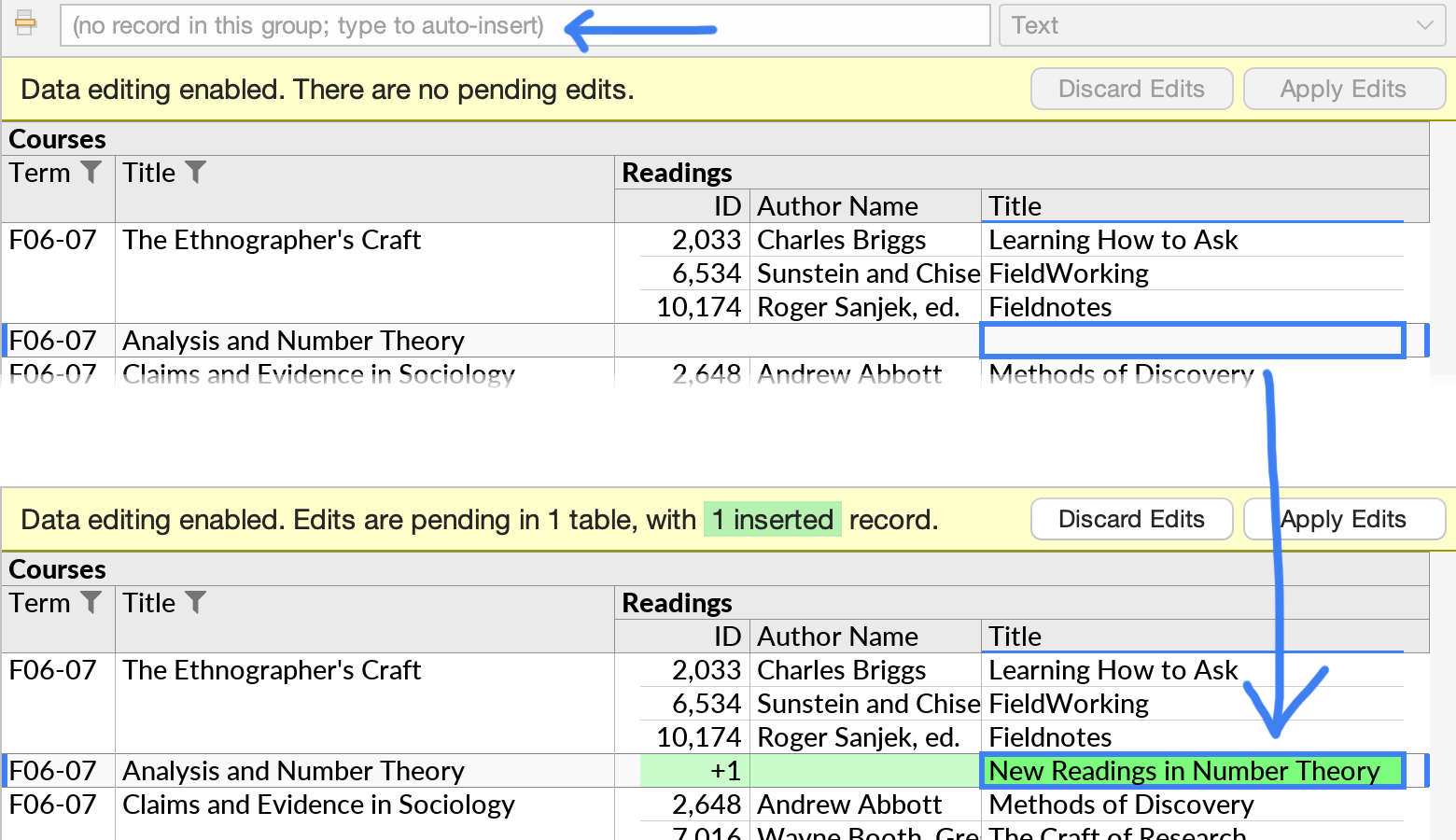 Illustration of the auto-insert feature, where the user can type values into an empty group to automatically insert a new row.