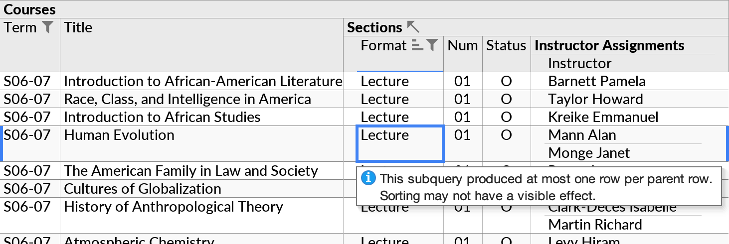 Informational tooltip shown when the user attempts to sort a subquery that has only single-value groups in its actual data.