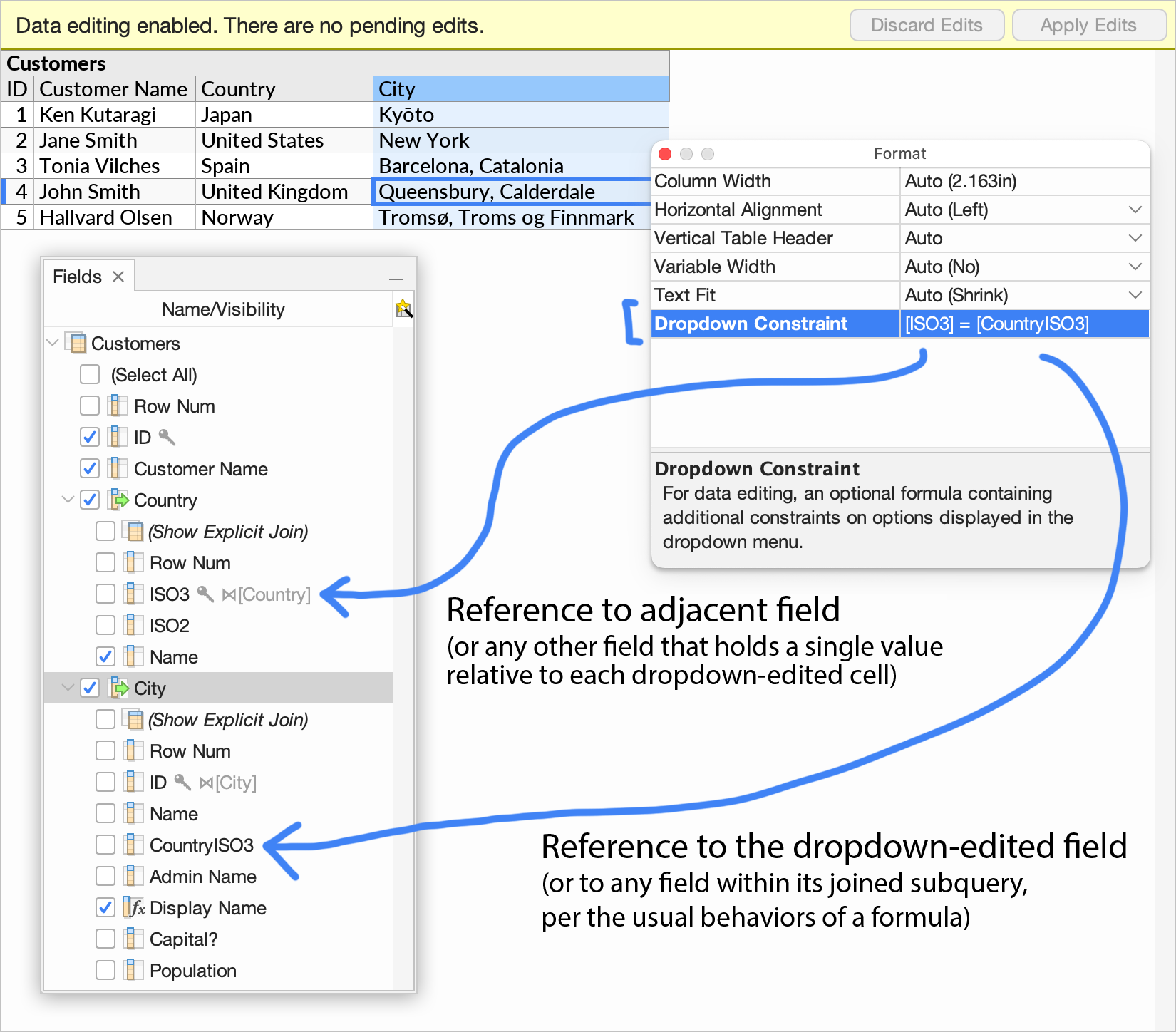 The Dropdown Constraints setting in context, showing how the example in the previous figure was configured.