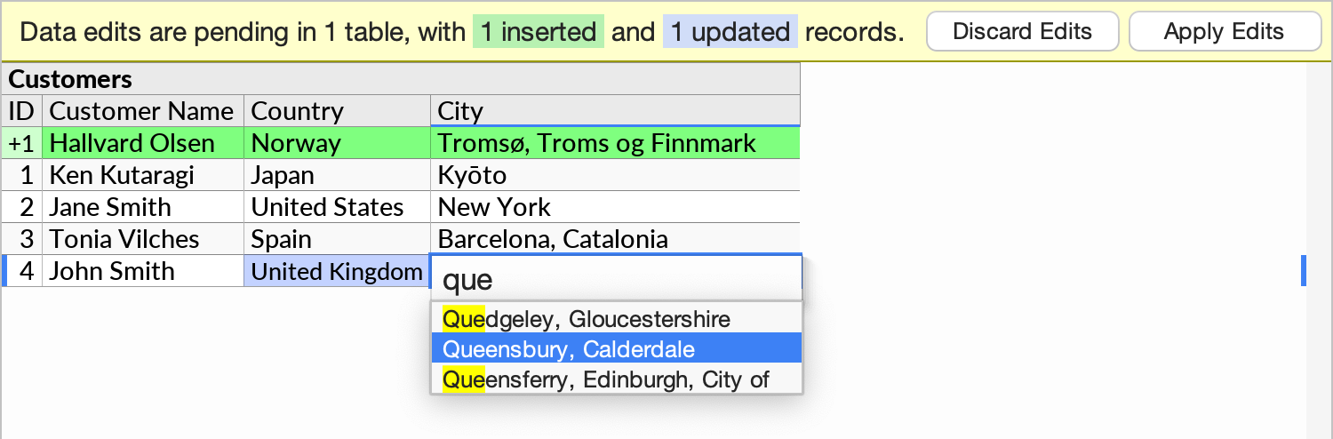 A dropdown list being used to pick a City specific to a Country selected in another field, using the Dropdown Constraint feature.