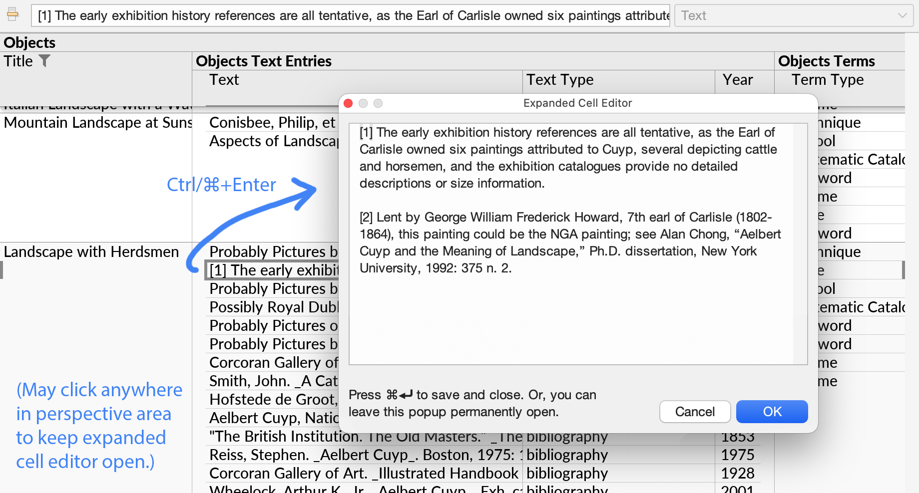 The Expanded Cell Editor dialog box, with its currently selected cell in the perspective area underneath.
