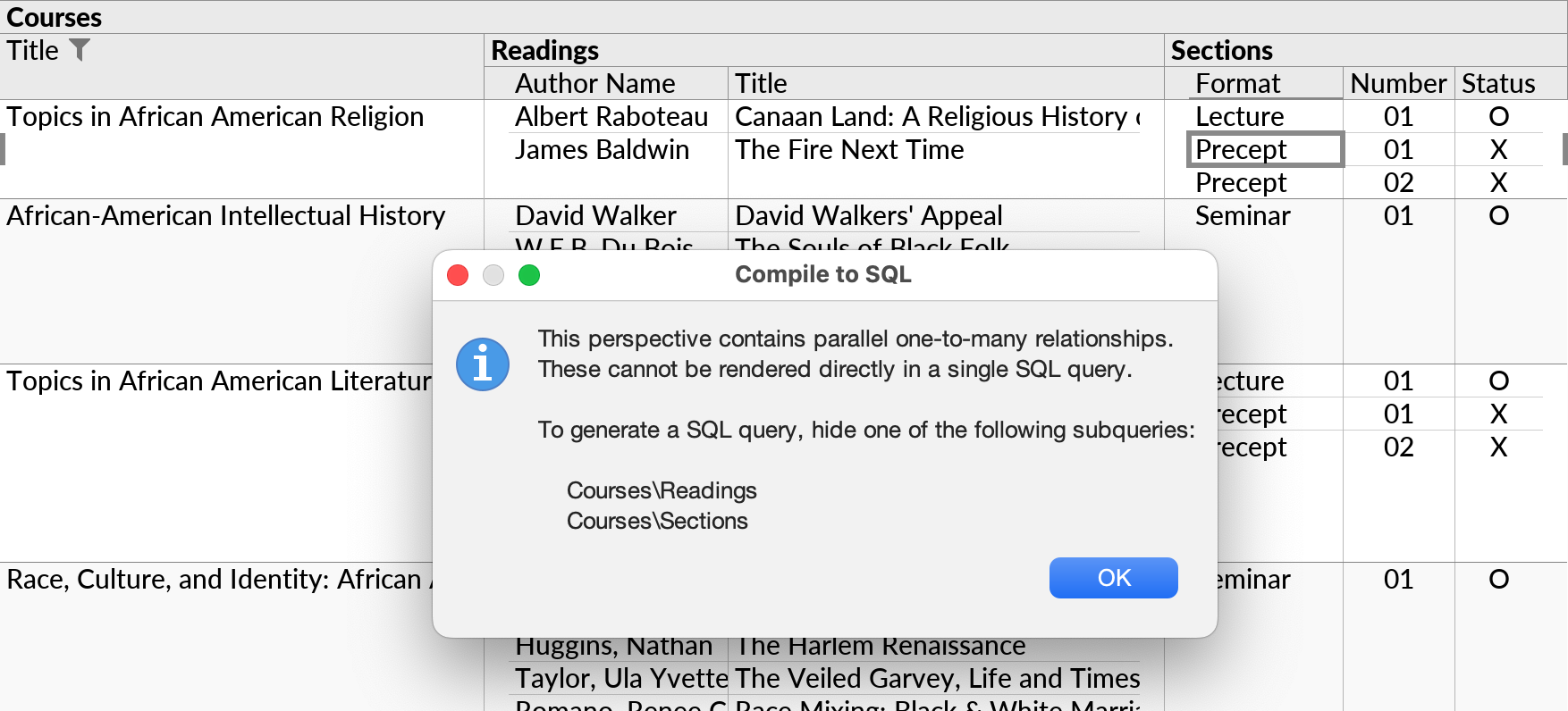 The dialog box that warns about parallel one-to-many relationships.