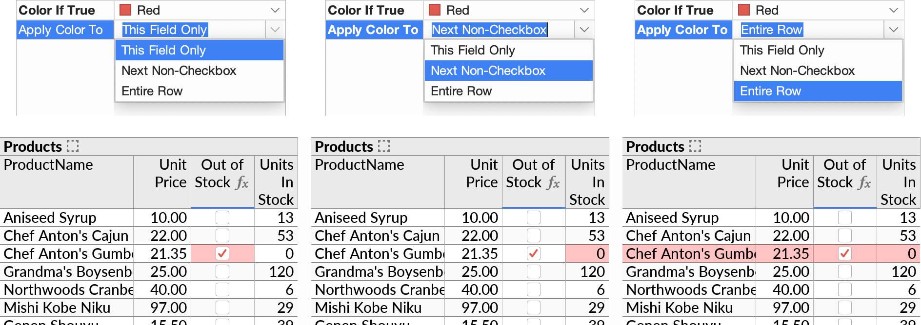 The effect of the three Apply Color To options.