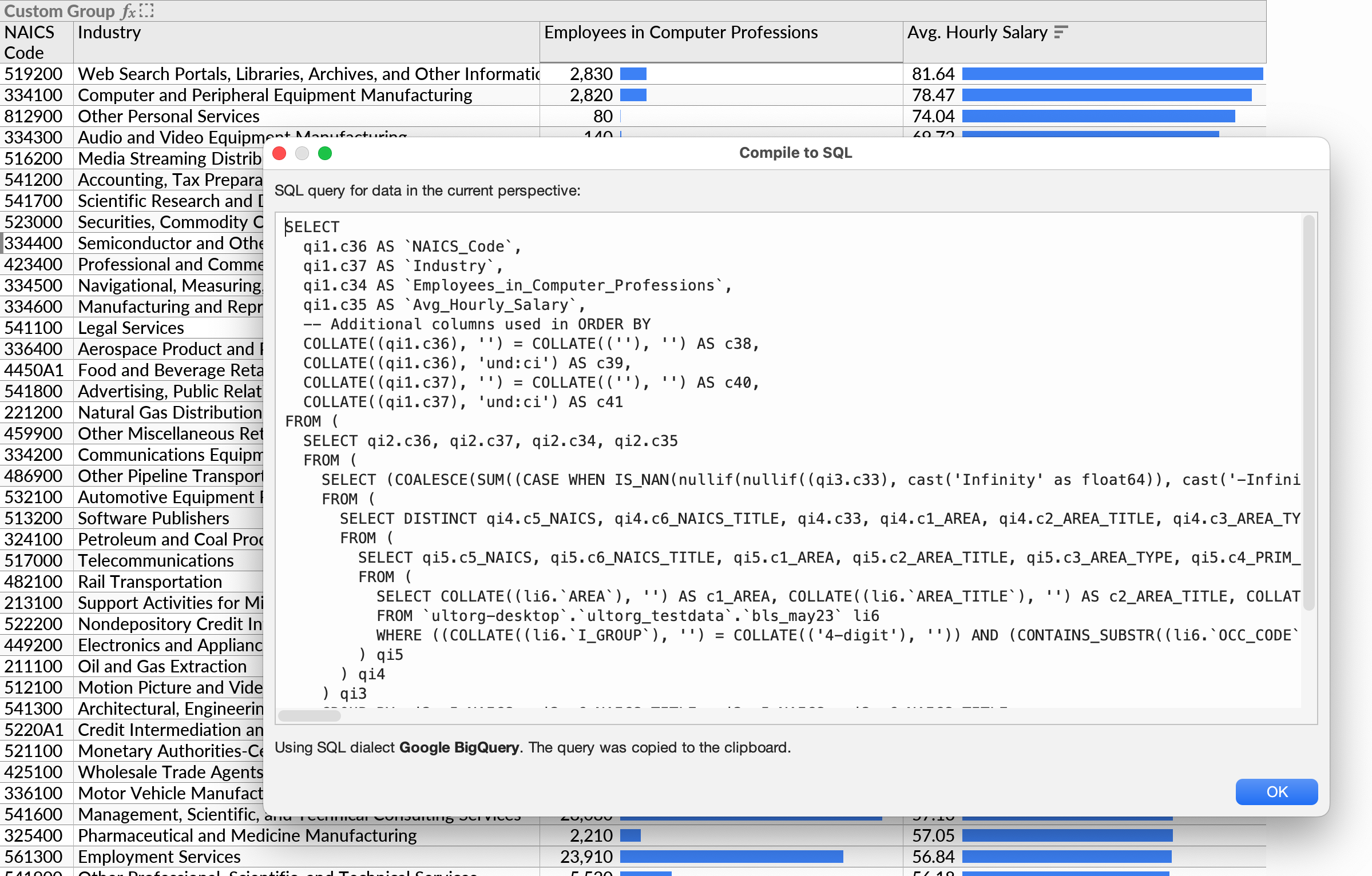 The Compile to SQL dialog, with the outer SELECT statement showing each column on one line for ease of editing.