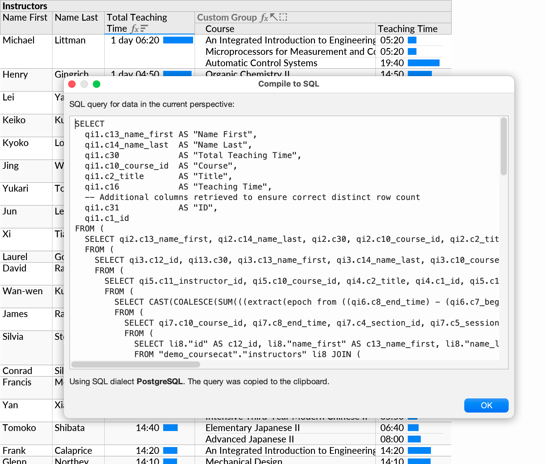 The Compile to SQL feature, with a visible output SQL query.