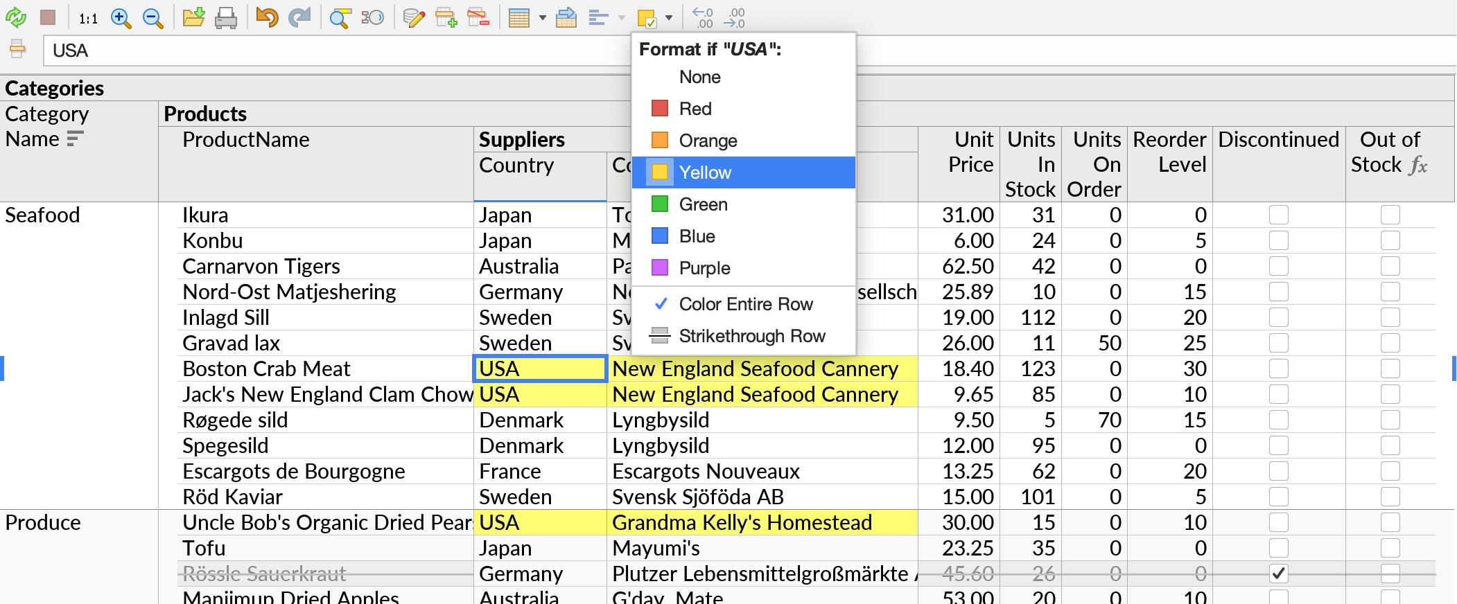 The Conditional Format button and dropdown menu in the toolbar.