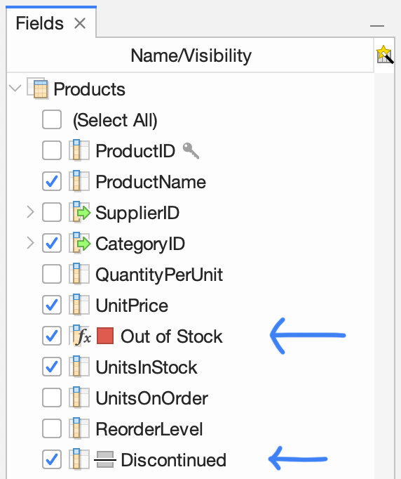 Legend icons in the field selector for conditional color and strikethrough formatting.
