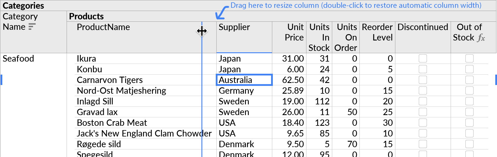 Drag to change the column width manually.