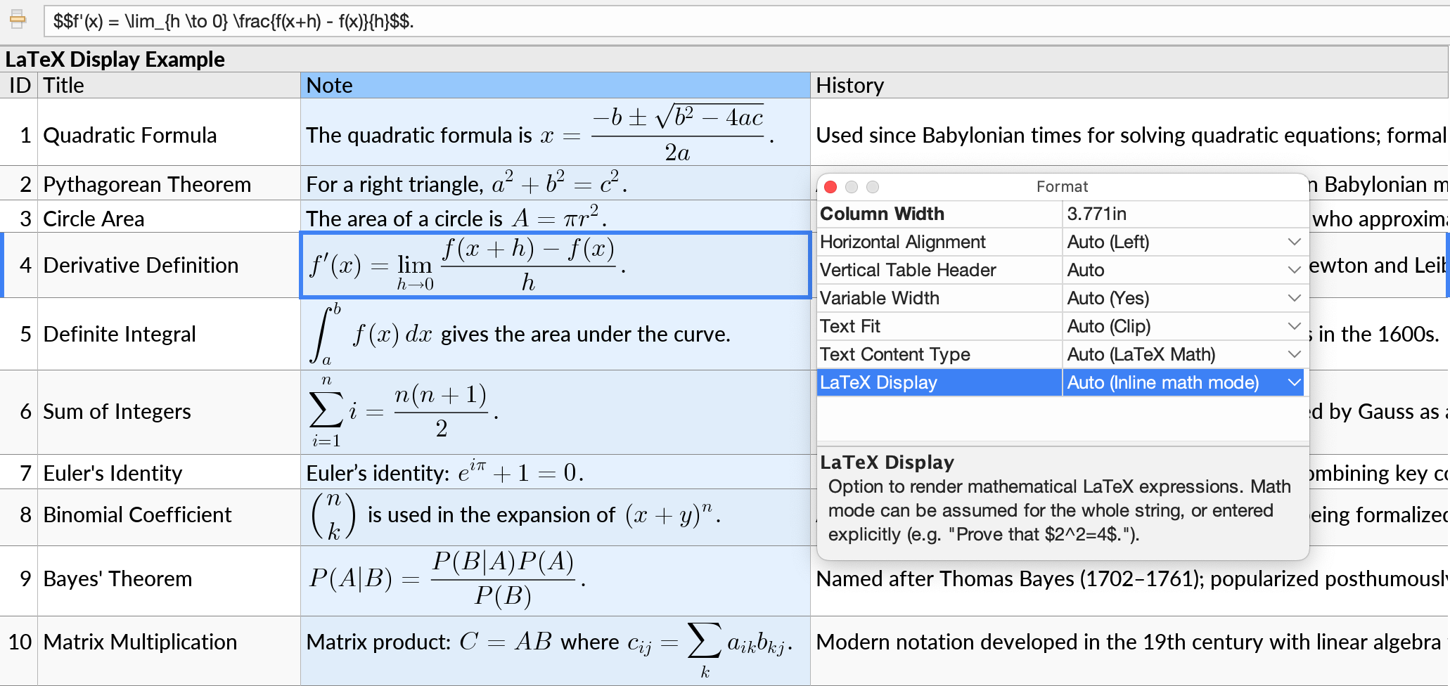 A table of data, with one column containing mathematical formulas dispayed using the LaTeX display option.