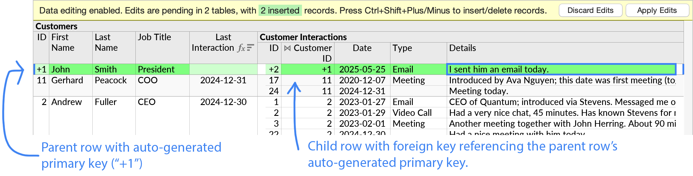 Two insert operations pending, where one inserted row references the auto-generated primary key of an inserted parent row.