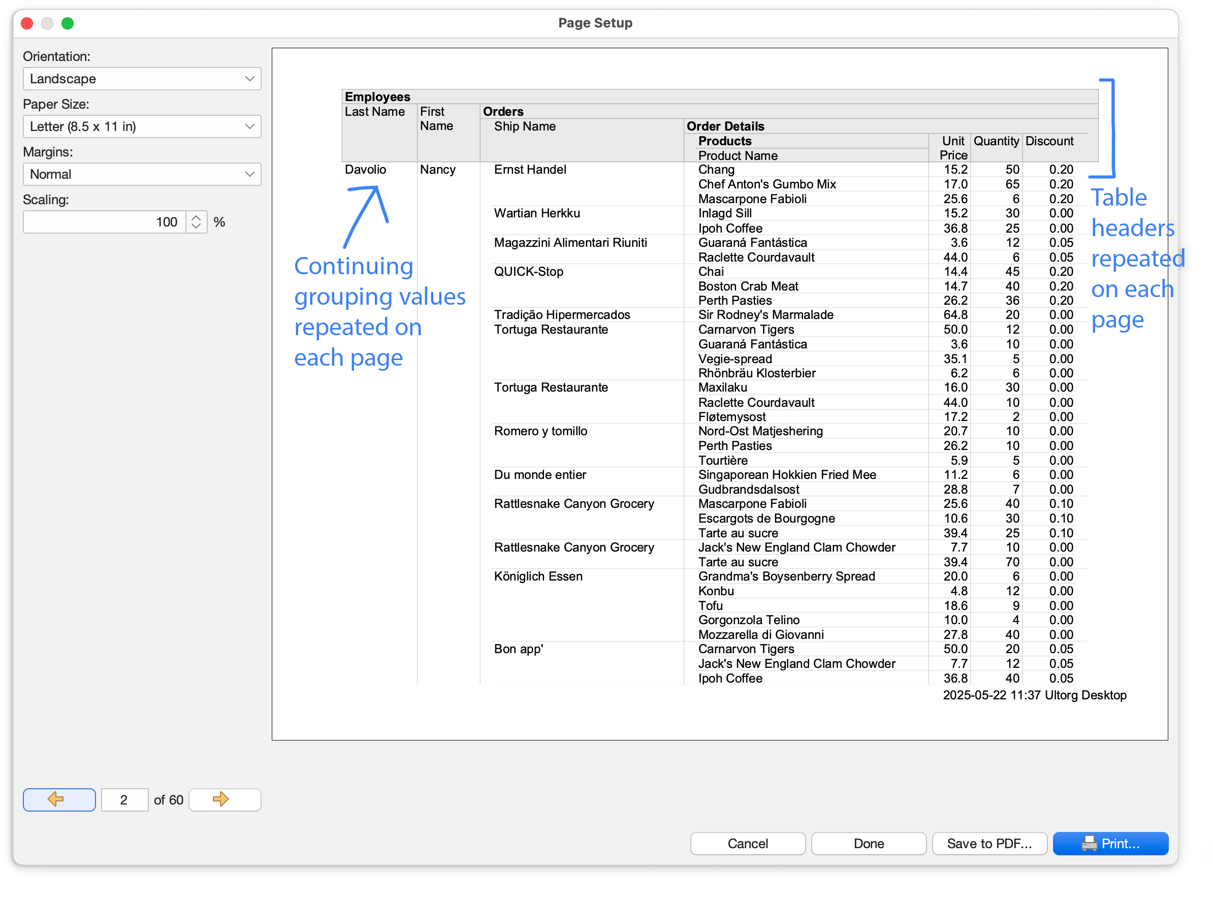 Table headers and continuing grouping values are repeated on each page in a print layout.