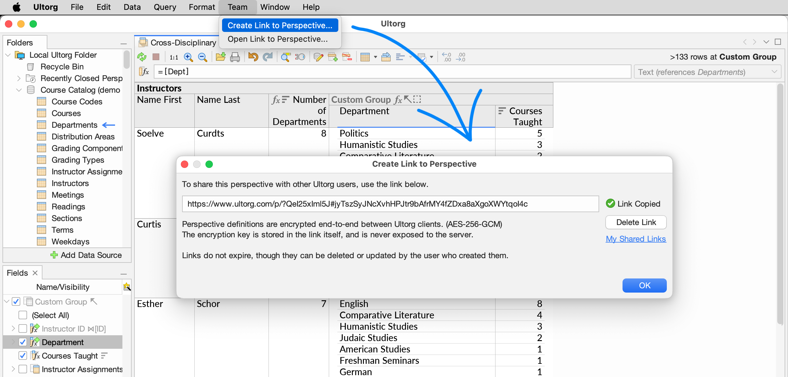 The Create Link to Perspective action and dialog box.