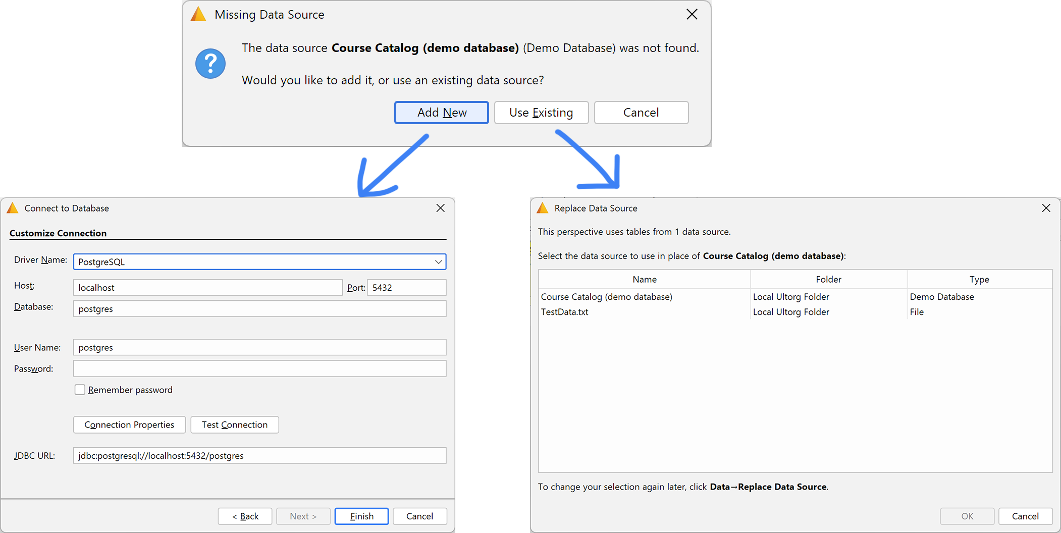 The prompt shown when a data source is missing, offering to either add a new data source or select an existing one.