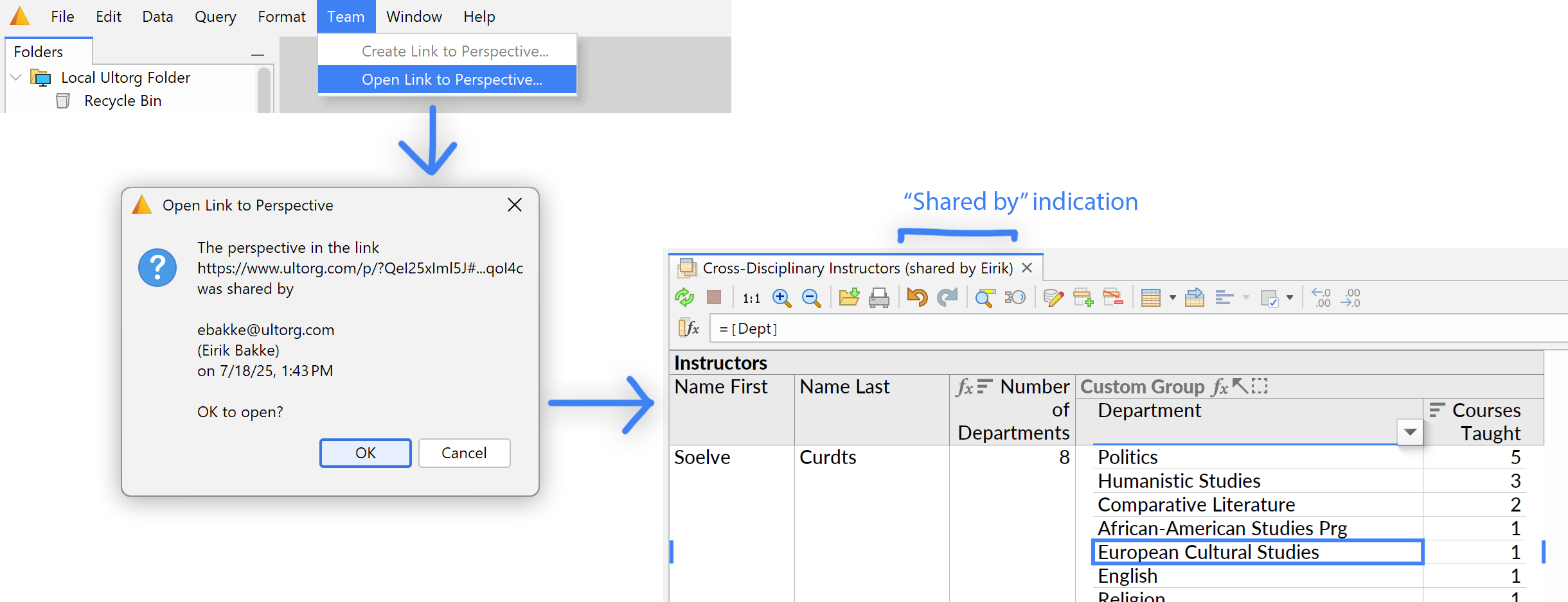 The Open Link to Perspective action, with the confirmation dialog and opened perspective, on a different computer.