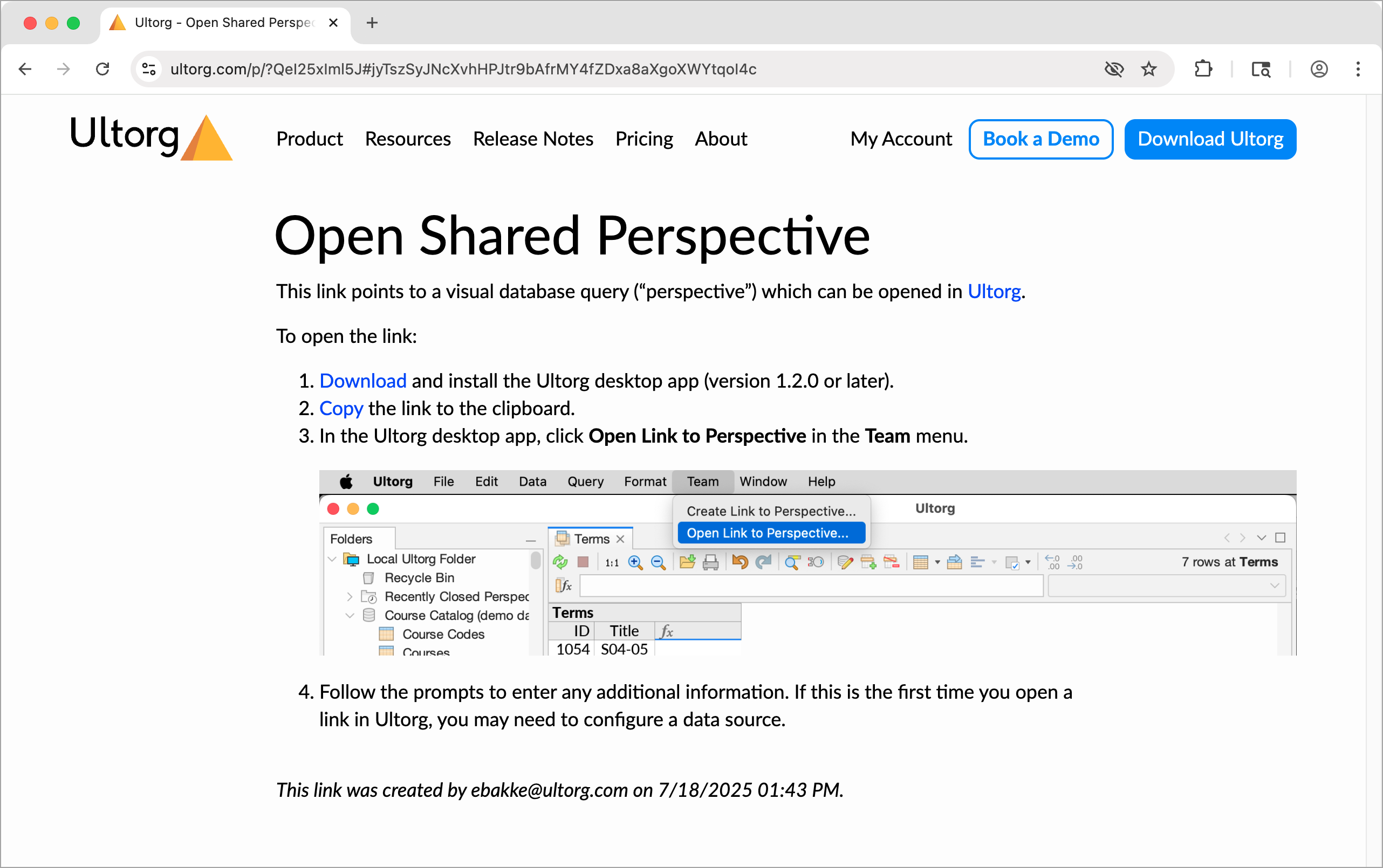 The web page that appears if a perspective link is opened in a web browser.