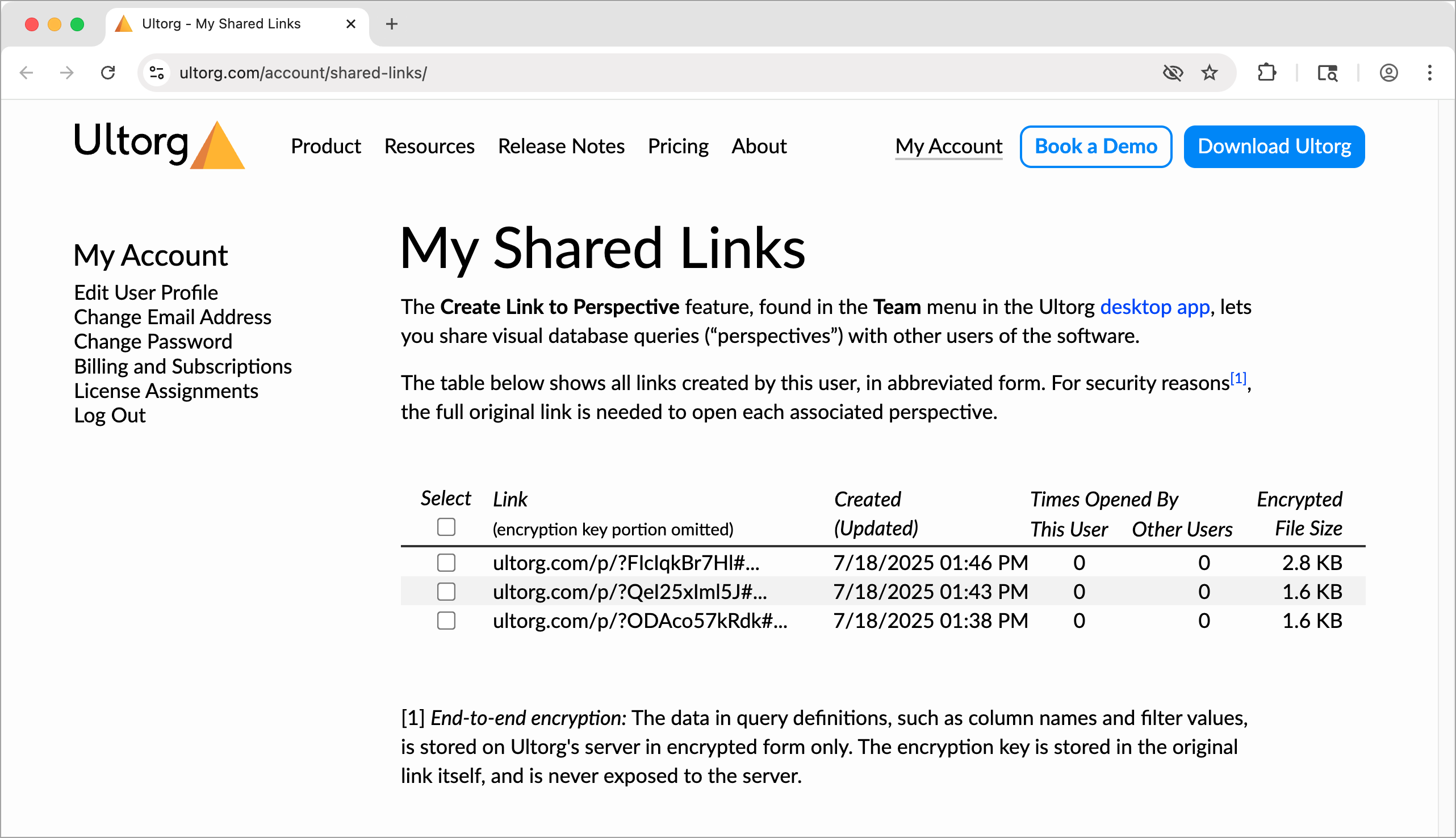 The My Shared Links page on the web-based account portal.