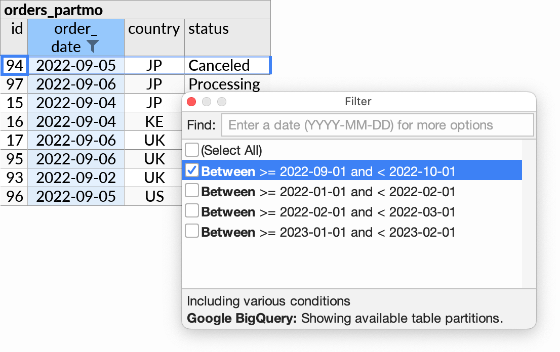 Available BigQuery partitions listed in Ultorg's Filter interface.