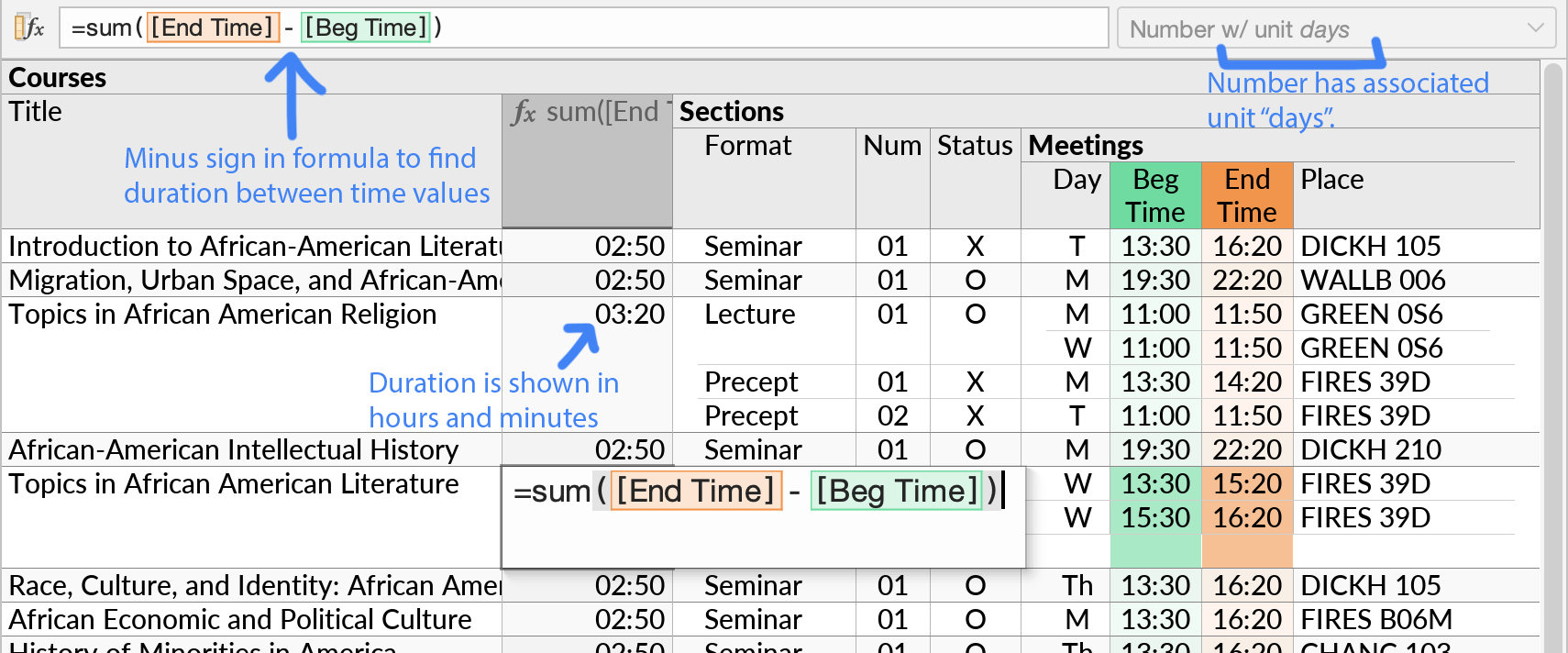 A formula using the minus symbol as a shorthand for the diffDayFract function, with the resulting numerical value having the unit 'days' and being displayed in hour/minute format.