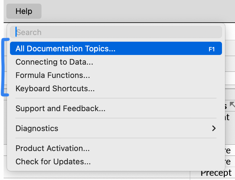 The Help menu in the main menu bar, with the action for opening the documentation website selected.