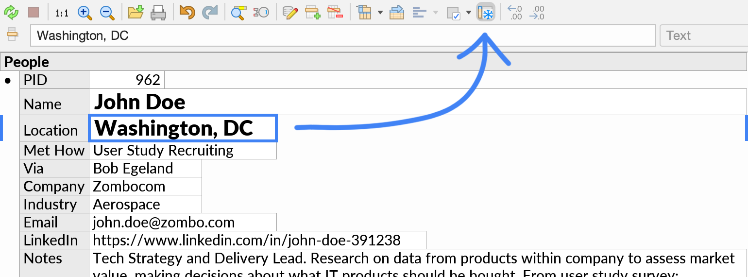 A heading being configured in a form layout using the Frozen Column/Heading button in the toolbar.  The field 'Location' has been included in the heading, along with 'Name'.