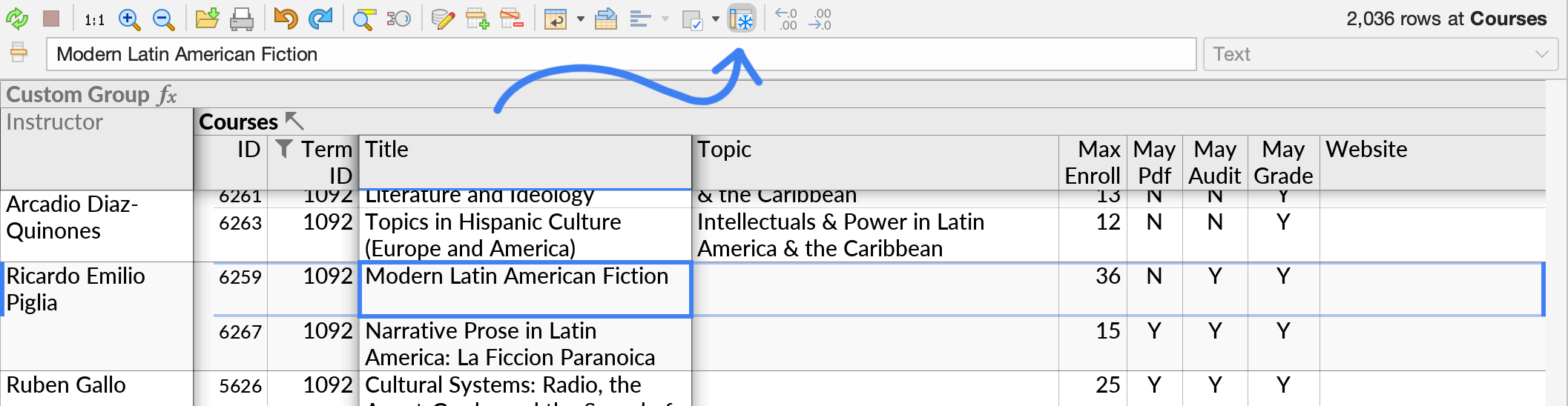 To columns in a nested table layout configured as frozen columns using the Frozen Column/Heading button in the toolbar. The frozen columns are highlighted with a shadow graphic while the user is changing the configuration.