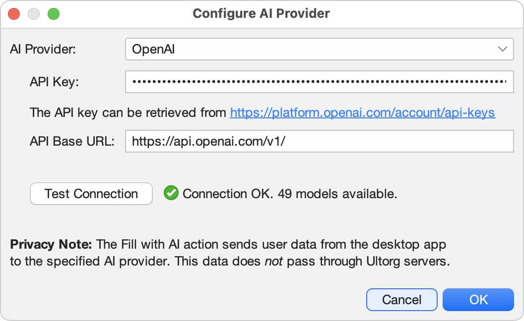 The Configure AI Provider dialog, with 'Connection OK' showing after the user clicked the Test Connection button.