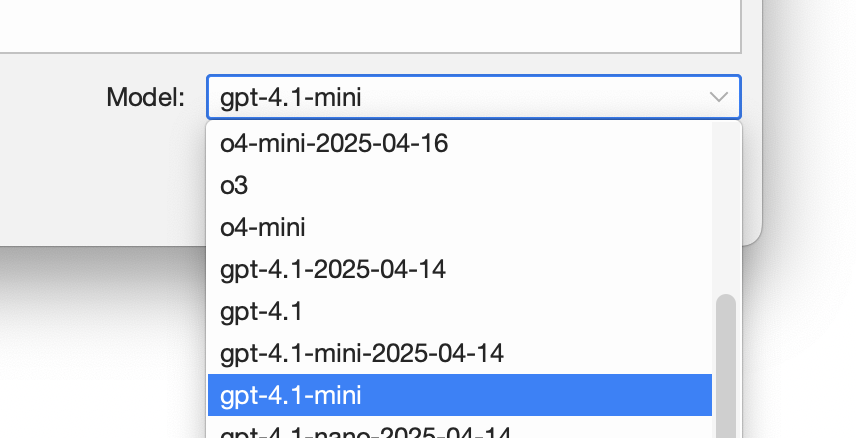 The dropdown menu of available AI models, as shown for the OpenAI provider, with the OpenAI default of gpt-4.1-mini selected.