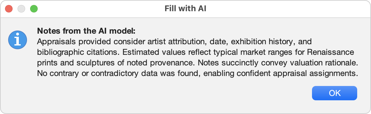 The dialog box shown after the Fill with AI task completes, with concluding remarks generated by the AI model.
